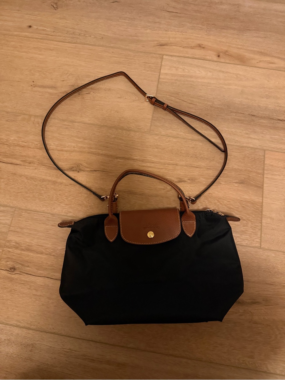 Longchamp Black mini Crossbody Bag with Brown Leather Trim